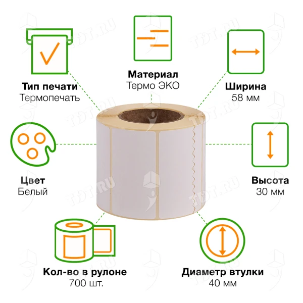 Термоэтикетки самоклеящиеся ЭКО 58*30 мм, втулка 40 мм, 700 шт./рол.