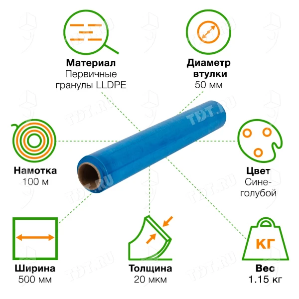 Стрейч пленка «Лазурный берег», сине-голубая, 500 мм, 20 мкм, 1.15 кг, 1 сорт
