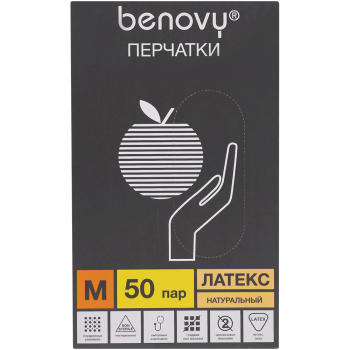 Перчатки латексные опудренные Benovy, бежевые, размер M, 100 шт./уп.