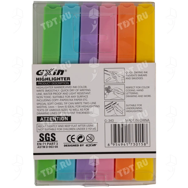Текстовыделитель Gxin Highlighter G-343, набор 6 неон-цветов, 1-5 мм, 6 шт./уп.