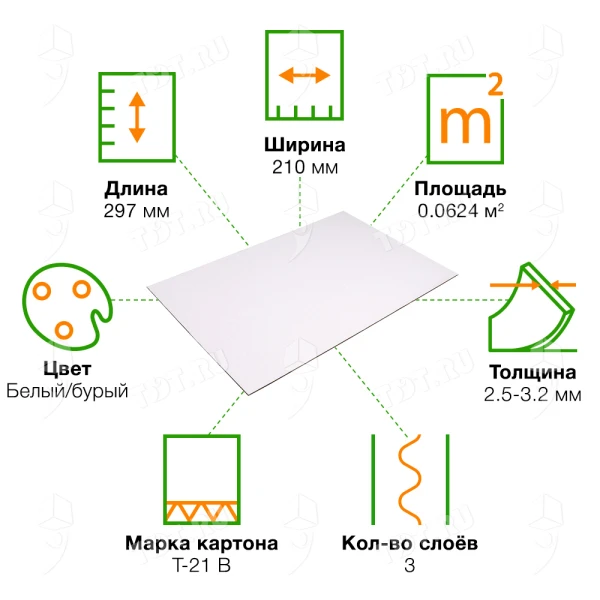 Мини-лист гофрокартона Т21, бело-бурый, формат А4, 210*297 мм
