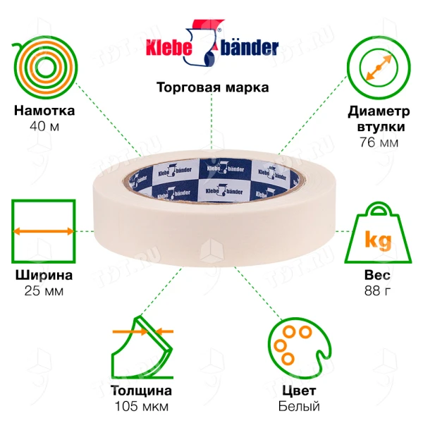 Клейкая лента малярная Klebebander, узкая, 25мм*40м