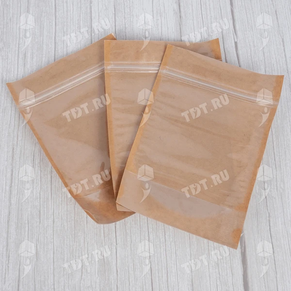 Крафт дой-пак с zip lock и окошком, 13*15+3.5 см, 100 шт.