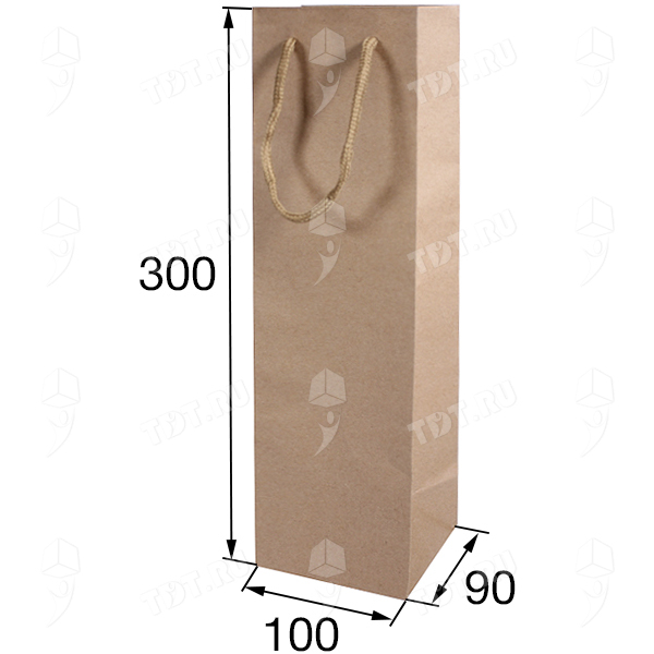 Крафт пакет с веревочной ручкой для бутылок, 120 г/м², 10*9*30 см