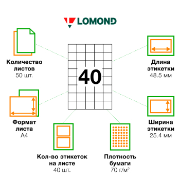 Самоклеящаяся бумага Lomond белая, 50 листов, А4, 40 этикеток, 48.5*25.4 мм Самоклеящаяся бумага Lomond белая, 50 листов, А4, 40 этикеток, 48.5*25.4 мм