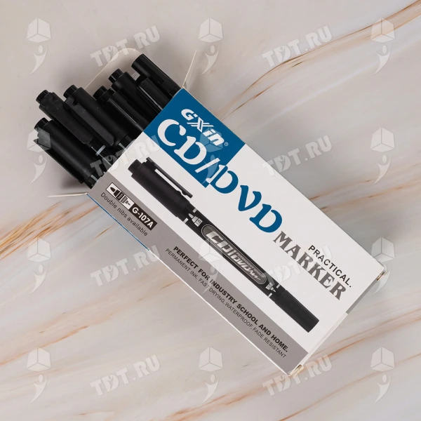 Маркер перманентный Gxin G-107A для CD/DVD, двусторонний, черный, 0.5-1 мм, 12 шт./уп.