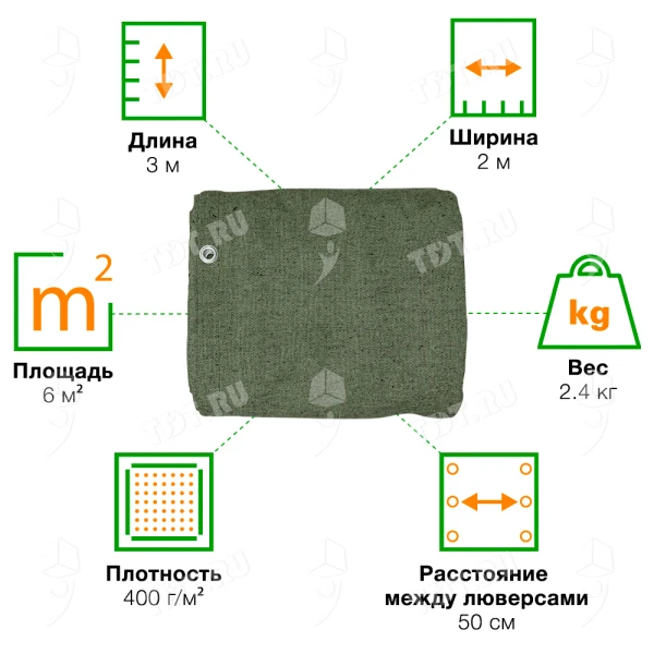 Брезент ВО с люверсами, хаки, 400 г/м², 2*3 м