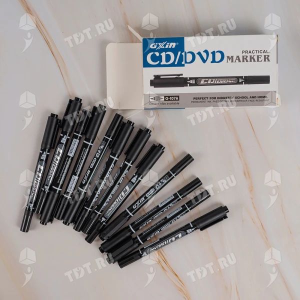 Маркер перманентный Gxin G-107A для CD/DVD, двусторонний, черный, 0.5-1 мм, 12 шт./уп.