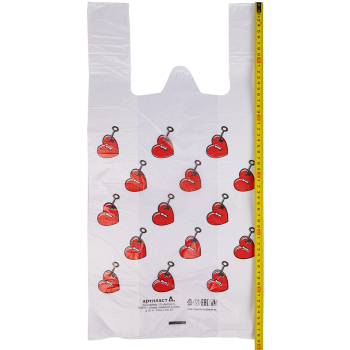 Полиэтиленовый пакет майка ПНД «Сердечки», 30+16*60см, 15 мкм, 50шт.