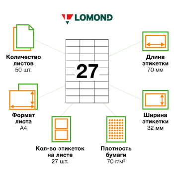 Самоклеящаяся бумага Lomond белая, 50 листов, А4, 27 этикеток, 70*32 мм Самоклеящаяся бумага Lomond белая, 50 листов, А4, 27 этикеток, 70*32 мм
