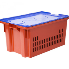 Пластиковый ящик с синей крышкой и перфорацией, красный, 600*400*350 мм