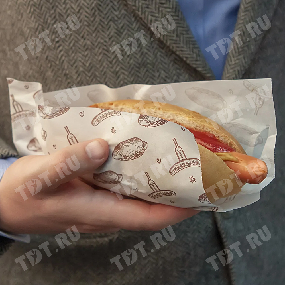 Бумажный уголок под хот-дог, белый с рисунком, 225*80+40 мм, 100 шт.