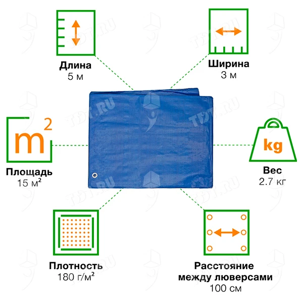 Защитный тент «Тарпаулин®» с люверсами синий, 3*5 м, 180 г/м²