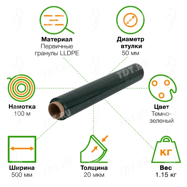 Стрейч пленка «Благородный малахит», темно-зеленая, 500 мм, 20 мкм, 1.15 кг, 1 сорт