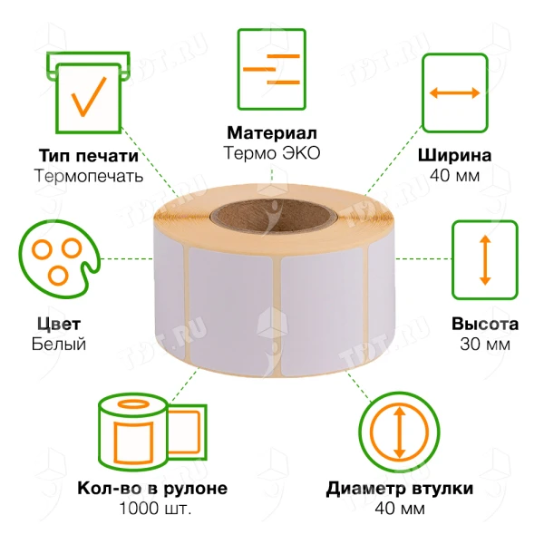 Термоэтикетки самоклеящиеся ЭКО 40*30 мм, втулка 40 мм, 1000 шт./рол.