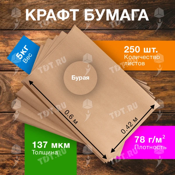 Бумага крафт в листах, 0.42*0.6 м, 5 кг, 250 листов