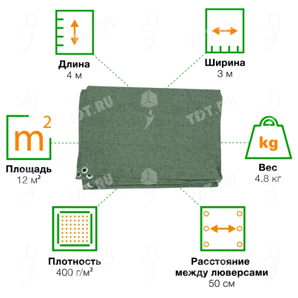 Брезент ОП с люверсами, хаки, 400 г/м², 3*4 м